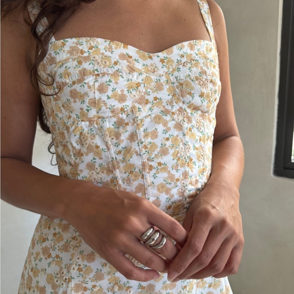 Moon River Cream Yellow Floral Print Lace Corset Midi Dress Small Brunch Girly - Picture 3 of 15